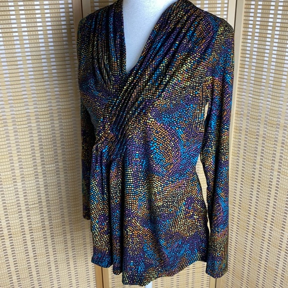 🔷Rafaella Geometric Multi-Colored V-Neck Pleated Dotted Stretch Long Sleeve - Picture 3 of 4